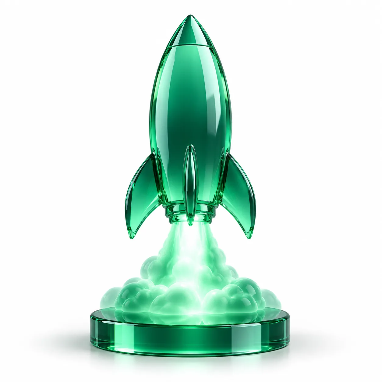ChatGPT Go direct top up illustration: an emerald glass rocket lifting off from a round reflective base with a glowing plume