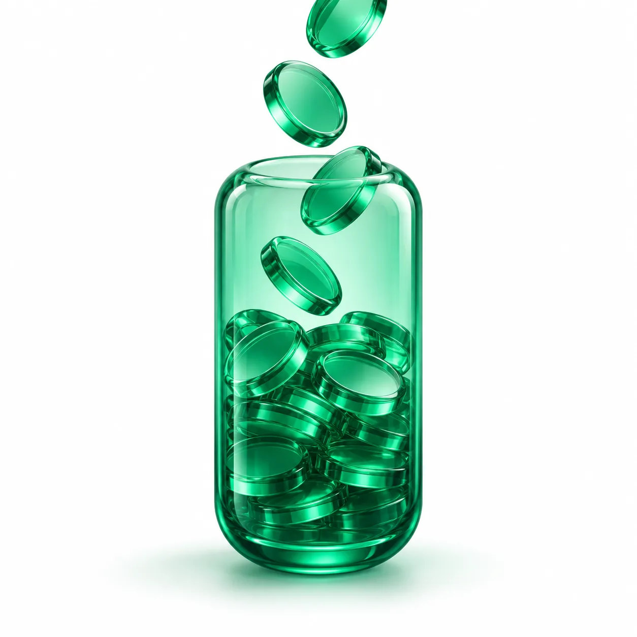 Pay as you go illustration: emerald glass vial filling with glowing coins