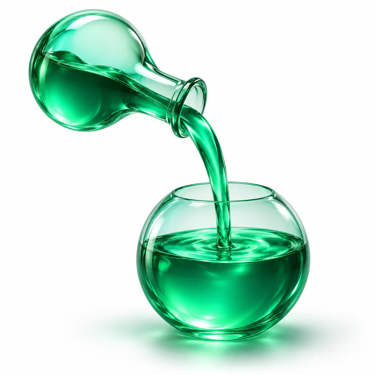 ChatGPT refill illustration: an emerald glass flask pouring glowing green liquid into a round glass orb