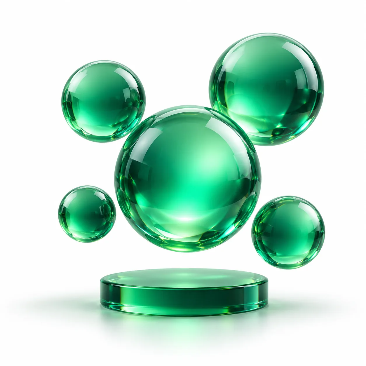FAQ illustration: a cluster of glossy emerald glass spheres floating above a small round base, the central sphere glowing brightest
