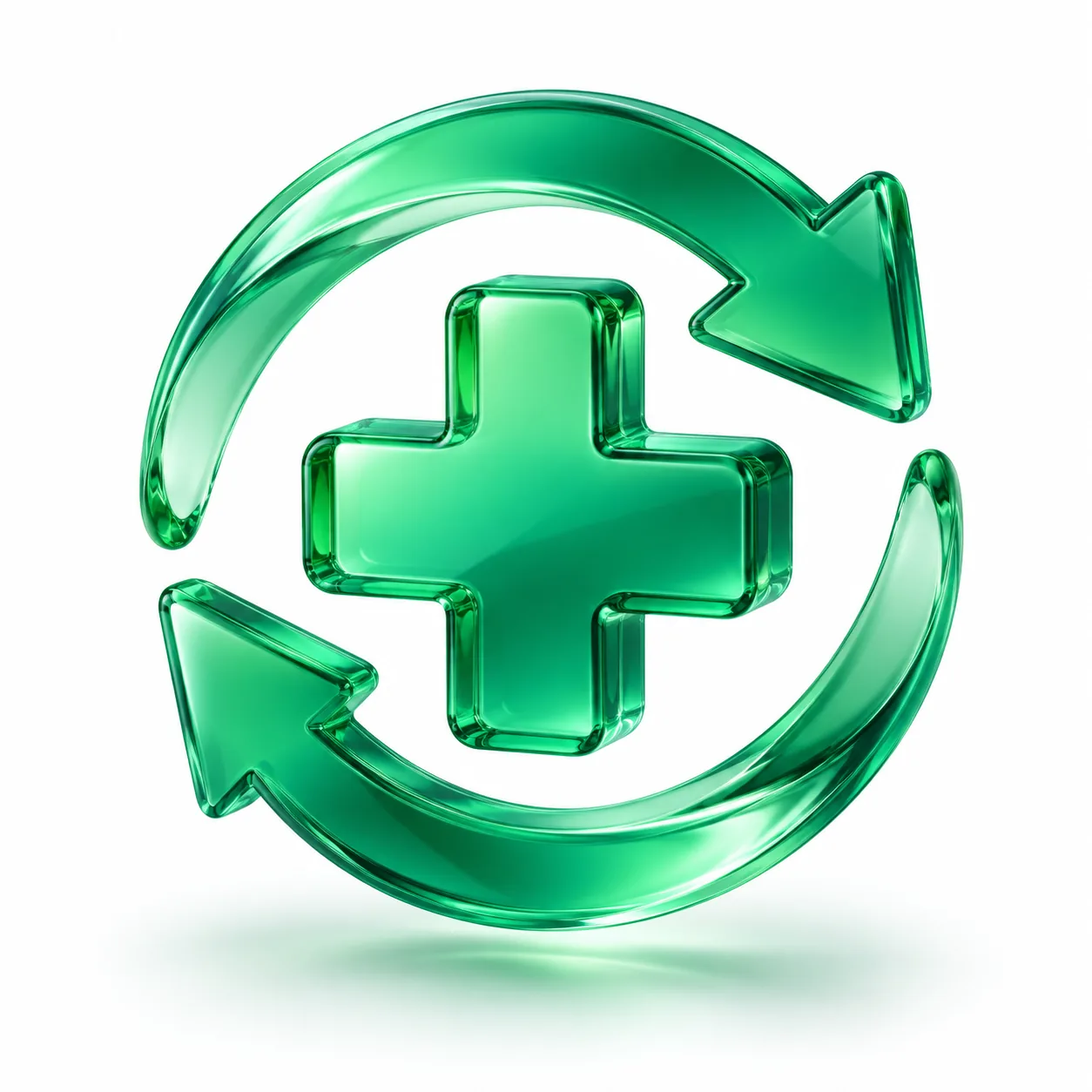 ChatGPT Plus recharge illustration: emerald glass plus symbol with circular refresh arrows